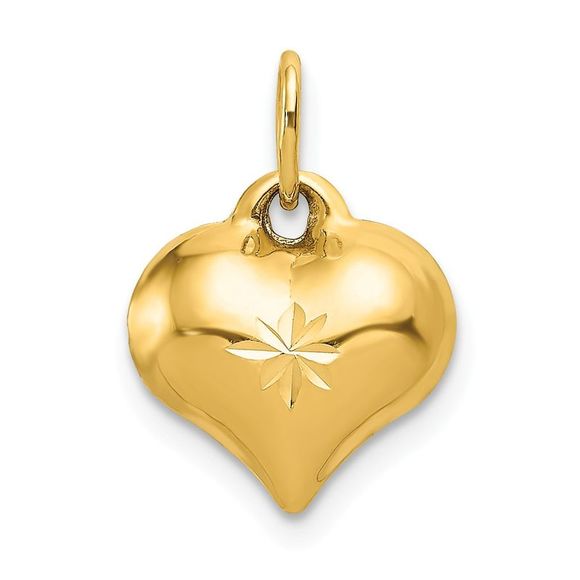 14k Yellow Gold Diamond Cut Puffed Heart (10mm) Necklace - 18 Inch